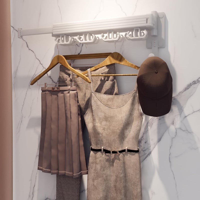 Kelisiting Clothes Drying Rack Wall Mounted, Retractable Drying Racks for Laundry, Foldable Drying Rack With 12 Hooks, Sturdy Tri-Fold Wall Mounted Space Saver for Laundry Room Balcony Bathroom - 49.8", White - Image 4